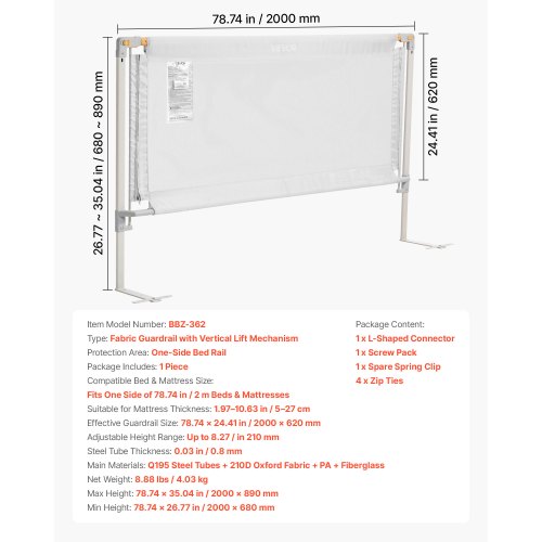 Sänggrind för småbarn, skyddsräcke för barnsängar med förstärkt järnrör och oxfordtyg, justerbart sängräcke, bärbart skyddsräcke för spjälsäng, våningssäng, 2000 x 890 mm, 1 styck |  EU