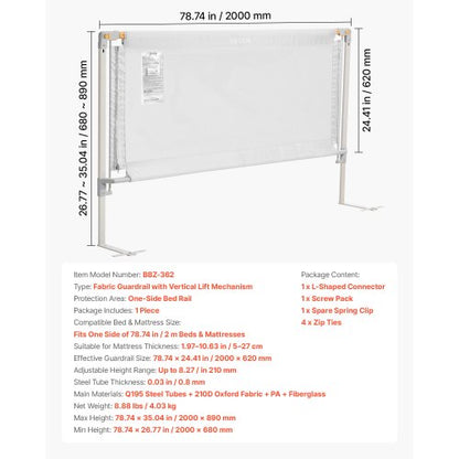 Sänggrind för småbarn, skyddsräcke för barnsängar med förstärkt järnrör och oxfordtyg, justerbart sängräcke, bärbart skyddsräcke för spjälsäng, våningssäng, 2000 x 890 mm, 1 styck |  EU