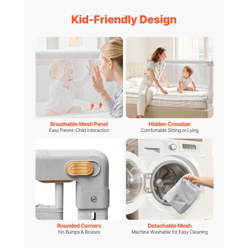 3-delad sänggrind för småbarn, skyddsräcke för barnsängar med förstärkt järnrör och oxfordtyg, justerbart sängräcke på sidorna, bärbart skyddsräcke för queen size, 3 sidor, grå |  EU