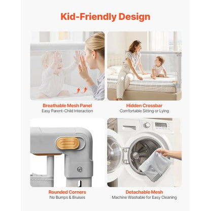 3-delad sänggrind för småbarn, skyddsräcke för barnsängar med förstärkt järnrör och oxfordtyg, justerbart sängräcke på sidorna, bärbart skyddsräcke för queen size, 3 sidor, grå |  EU