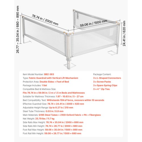 3-delad sänggrind för småbarn, skyddsräcke för barnsängar med förstärkt järnrör och oxfordtyg, justerbart sängräcke på sidorna, bärbart skyddsräcke för queen size, 3 sidor, grå |  EU