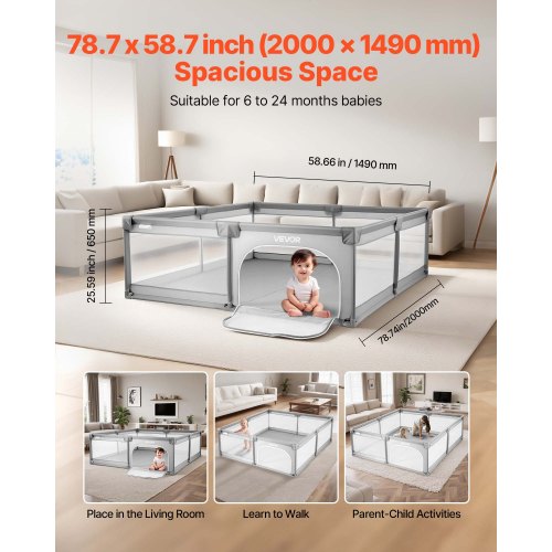 Babylekhage, 2000 x 1490 mm stor lekhage för småbarn, inomhus-/utomhusstaket för babylek med 50 havsbollar, dragkedja med dörr och andningsbart nät, säkerhetsaktivitetscenter utan mellanrum för spädbarn och småbarn |  EU