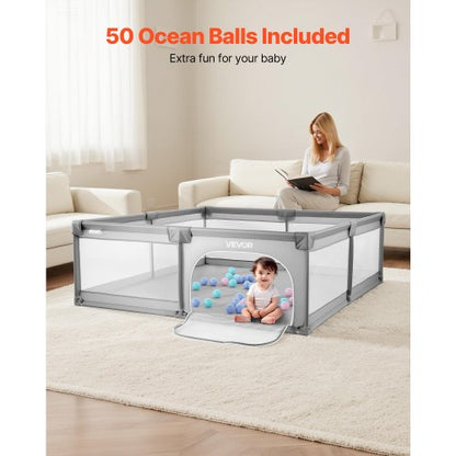 Babylekhage, 2000 x 1490 mm stor lekhage för småbarn, inomhus-/utomhusstaket för babylek med 50 havsbollar, dragkedja med dörr och andningsbart nät, säkerhetsaktivitetscenter utan mellanrum för spädbarn och småbarn |  EU