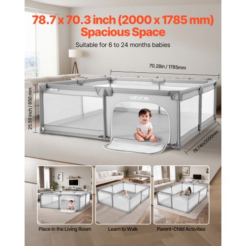 Babylekhage, 2000 x 1785 mm extra stor lekhage för spädbarn, inomhus-/utomhuslekgård med staket, säkerhetsaktivitetscenter utan mellanrum med 50 havsbollar, dragkedja med dörr och mjukt, andningsbart nät |  EU