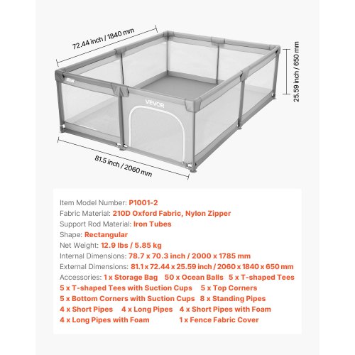 Babylekhage, 2000 x 1785 mm extra stor lekhage för spädbarn, inomhus-/utomhuslekgård med staket, säkerhetsaktivitetscenter utan mellanrum med 50 havsbollar, dragkedja med dörr och mjukt, andningsbart nät |  EU