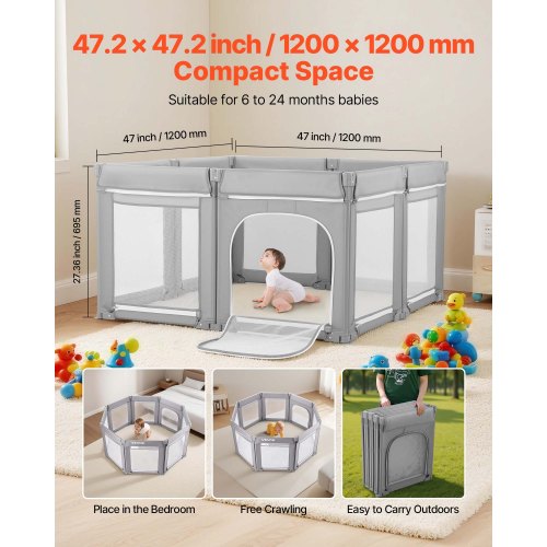 Babylekhage, 1200 x 1200 mm hopfällbar lekhage för småbarn, inomhus-/utomhusstaket för babylek med dragkedja och mjukt andningsbart nät, aktivitetscenter utan mellanrum för småbarn 6–24 månader |  EU