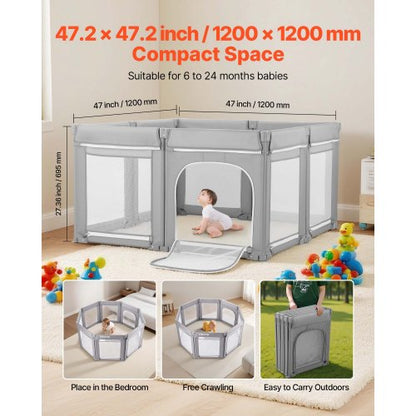 Babylekhage, 1200 x 1200 mm hopfällbar lekhage för småbarn, inomhus-/utomhusstaket för babylek med dragkedja och mjukt andningsbart nät, aktivitetscenter utan mellanrum för småbarn 6–24 månader |  EU