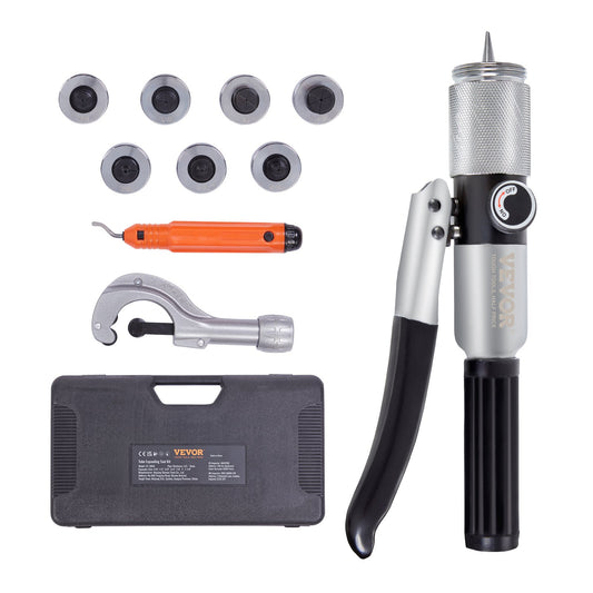 Hydraulisk rörexpanderare, 3/8" till 1-1/8" OD, HAVC hydrauliskt pressverktyg med 7 rörexpanderhuvuden, avgradningsverktyg, röravskärare för kopparaluminium mässing mjukt stålrör