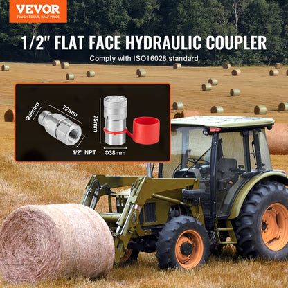 1/2" Flat Face Hydraulic Couplings 3/4 SAE Skid Steer Couplings 2 Dust Caps