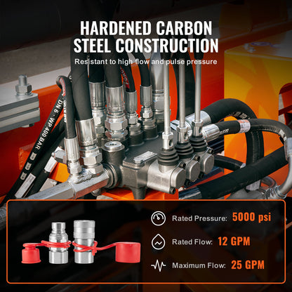 1/2" Flat Face Hydraulic Couplings 3/4 SAE Skid Steer Couplings 2 Dust Caps