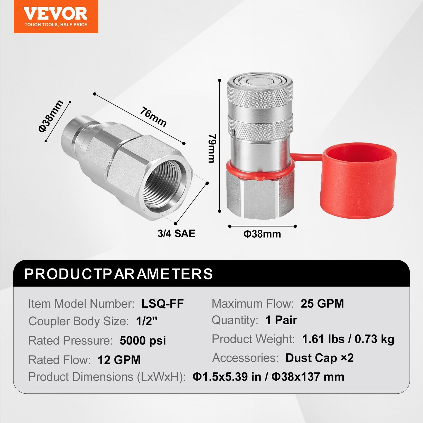 1/2" Flat Face Hydraulic Couplings 3/4 SAE Skid Steer Couplings 2 Dust Caps