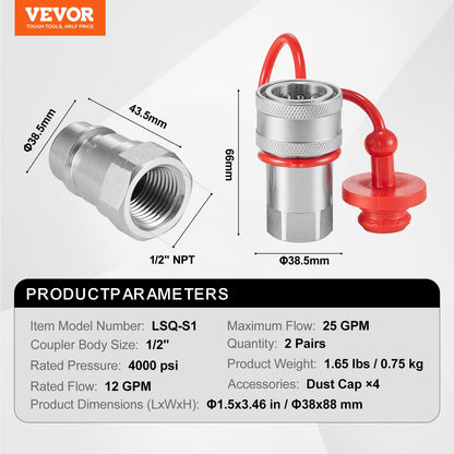 1/2" tapered hydraulic couplings 1/2" NPT skid-steer couplings 4 dust caps