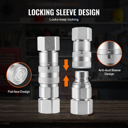 1/2" Flat Face Hydraulic Couplings 1/2" NPT Skid Steer Couplings 2 Dust Caps
