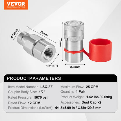 1/2" Flat Face Hydraulic Couplings 1/2" NPT Skid Steer Couplings 2 Dust Caps