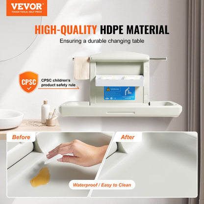 Wall-mounted changing table, horizontal folding diaper changing table with safety straps and hanging bars, use in commercial bathrooms, daycare centers for newborns and infants