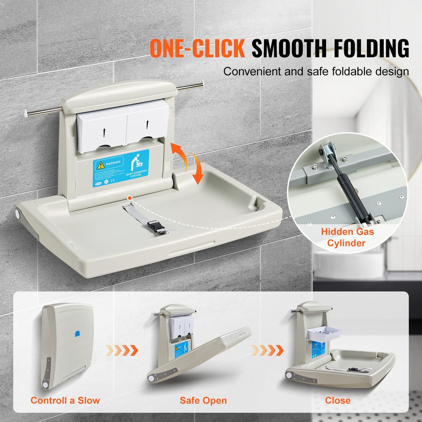 Wall-mounted changing table, horizontal folding diaper changing table with safety straps and hanging bars, use in commercial bathrooms, daycare centers for newborns and infants