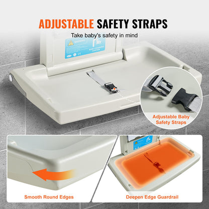 Wall-mounted changing table, horizontal folding diaper changing table with safety straps and hanging bars, use in commercial bathrooms, daycare centers for newborns and infants