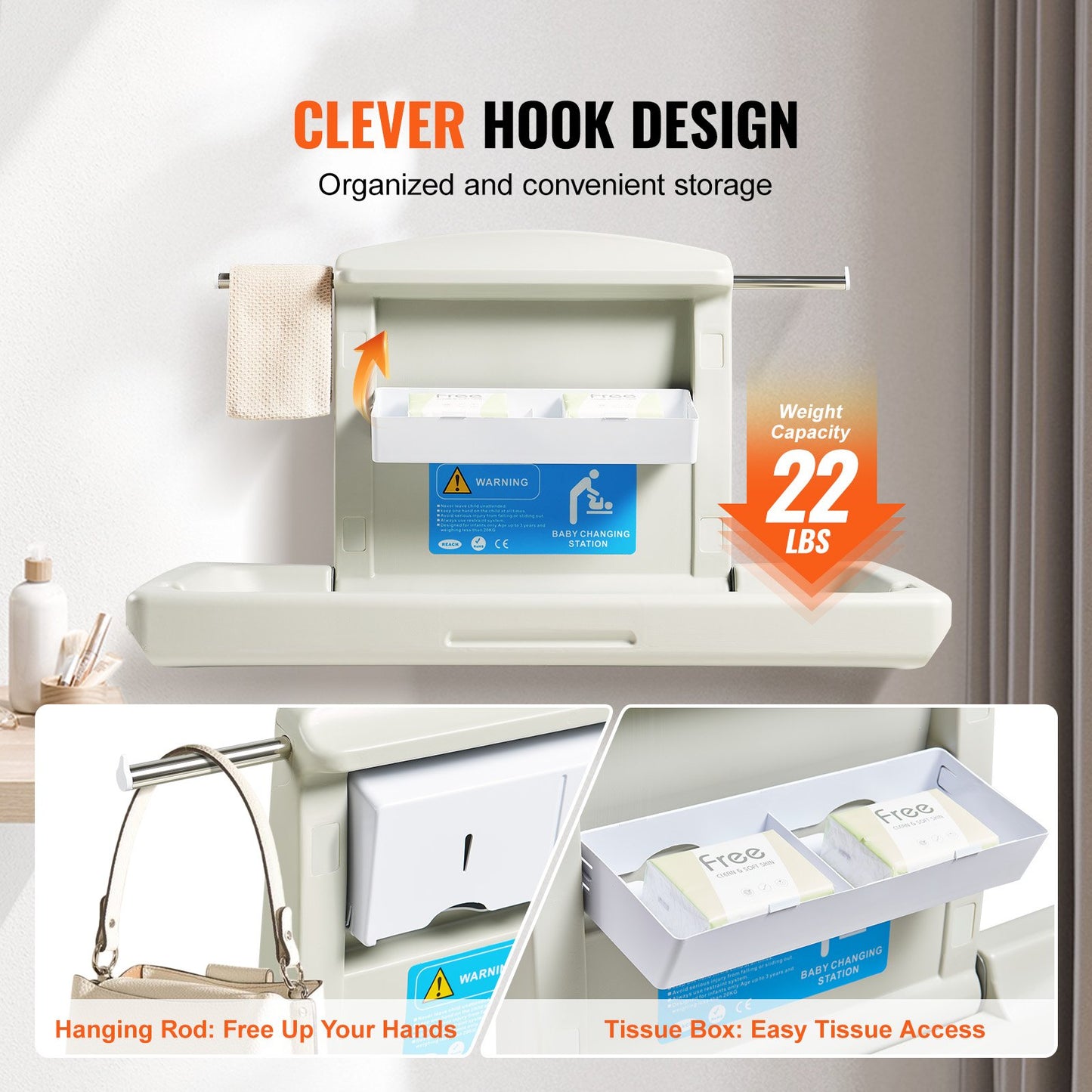Wall-mounted changing table, horizontal folding diaper changing table with safety straps and hanging bars, use in commercial bathrooms, daycare centers for newborns and infants