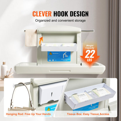 Wall-mounted changing table, horizontal folding diaper changing table with safety straps and hanging bars, use in commercial bathrooms, daycare centers for newborns and infants