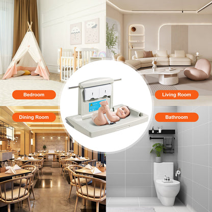 Wall-mounted changing table, horizontal folding diaper changing table with safety straps and hanging bars, use in commercial bathrooms, daycare centers for newborns and infants