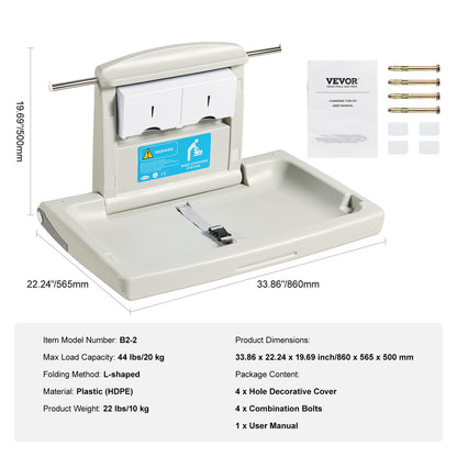 Wall-mounted changing table, horizontal folding diaper changing table with safety straps and hanging bars, use in commercial bathrooms, daycare centers for newborns and infants