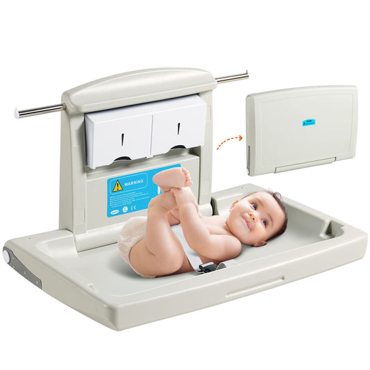 Wall-mounted changing table, horizontal folding diaper changing table with safety straps and hanging bars, use in commercial bathrooms, daycare centers for newborns and infants