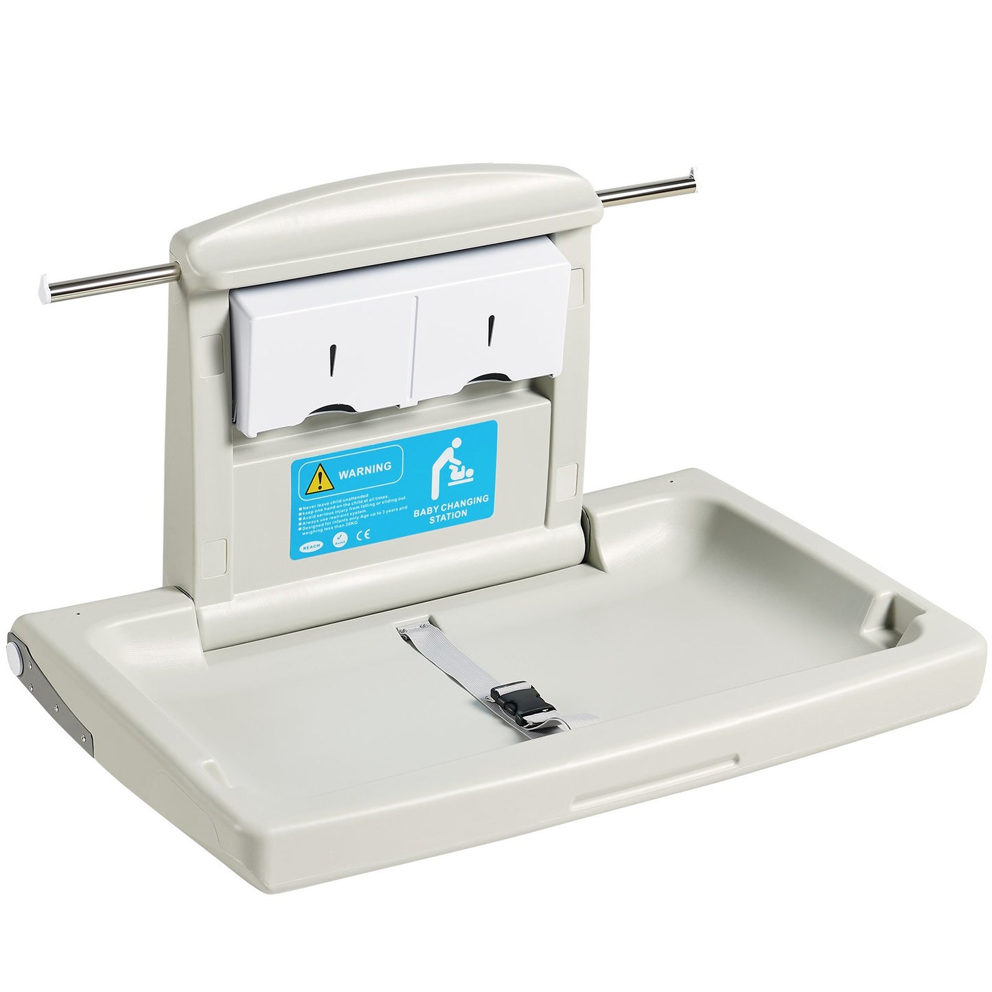 Wall-mounted changing table, horizontal folding diaper changing table with safety straps and hanging bars, use in commercial bathrooms, daycare centers for newborns and infants