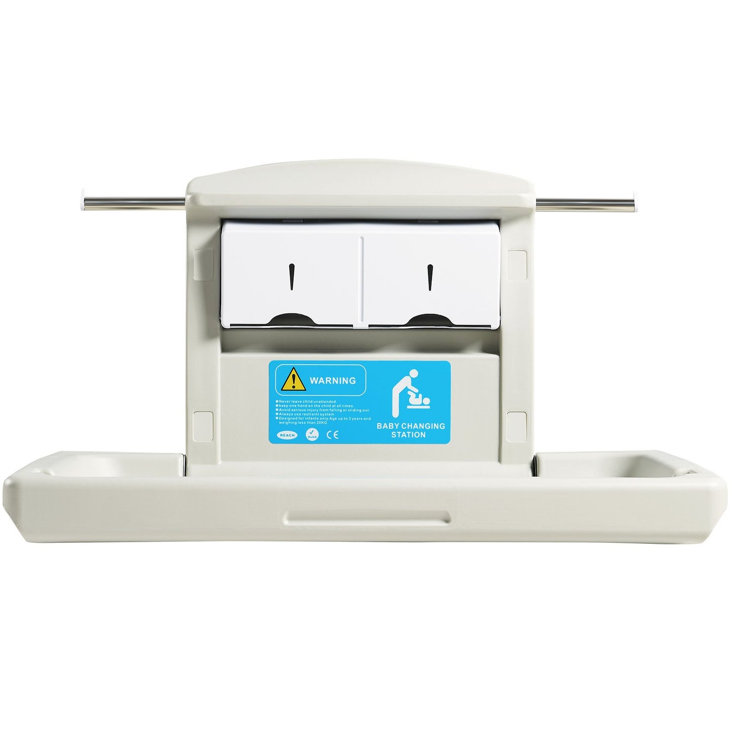 Wall-mounted changing table, horizontal folding diaper changing table with safety straps and hanging bars, use in commercial bathrooms, daycare centers for newborns and infants