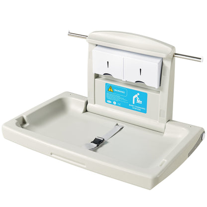 Wall-mounted changing table, horizontal folding diaper changing table with safety straps and hanging bars, use in commercial bathrooms, daycare centers for newborns and infants