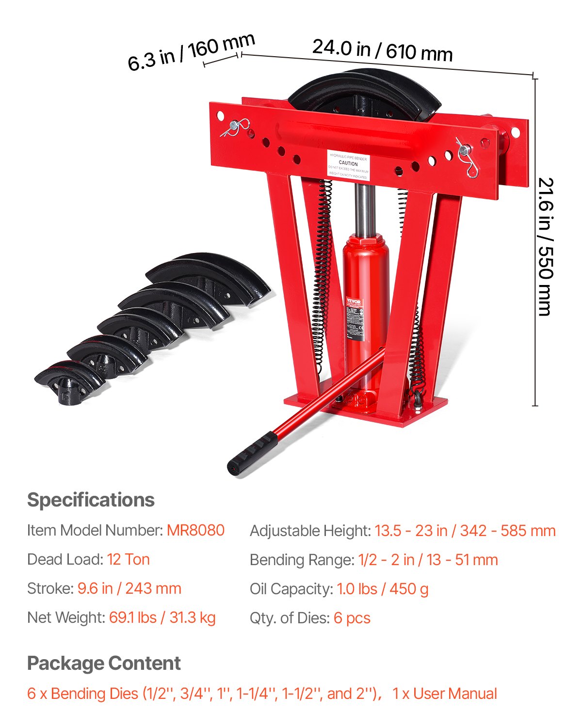 Hydraulic pipe bender, 12 ton manual pipe bending tool with 6 punches