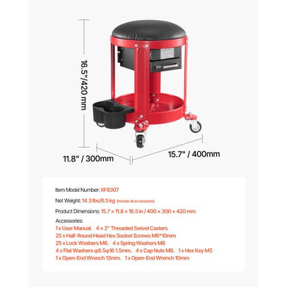 Rolling Mechanic Stool Garage Seat 300 lbs Load with Wheels and Storage | EU