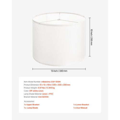 Trumlampskärm 33 x 33 x 25 cm mellanstor rund lampskärm (offwhite linne) |  EU