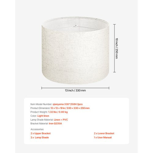 Drum Lampskärmar 2-set 33 x 33 x 25 cm Mellanstor Rund Lampskärm (Ljus Linne) |  EU