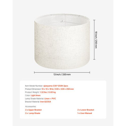 Drum Lampskärmar 2-set 33 x 33 x 25 cm Mellanstor Rund Lampskärm (Ljus Linne) |  EU