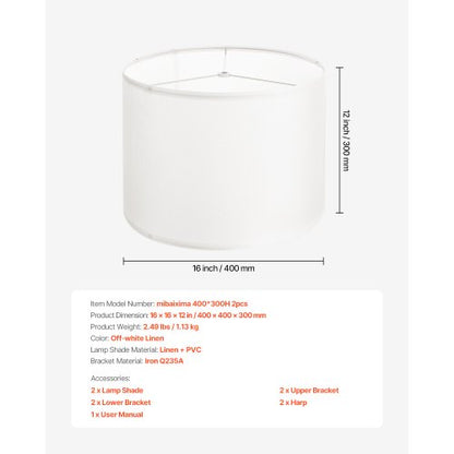 Lampskärmar Drum 2-set 16 x 16 x 12 tum Lampskärm med Harpa (Off-white)