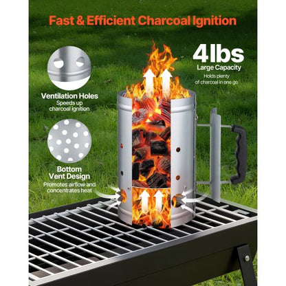Kolstartare, 1,8 kg stor kolkamin, kraftig grilltändare i stål för kolgrill och grillar, kompakt koltändare och grillverktyg för språng, silver |  EU