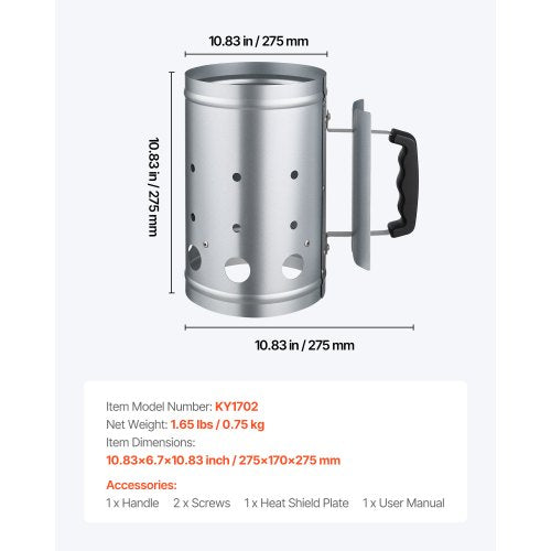 Kolstartare, 1,8 kg stor kolkamin, kraftig grilltändare i stål för kolgrill och grillar, kompakt koltändare och grillverktyg för språng, silver |  EU