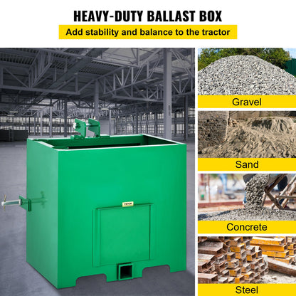 3-punkts ballastlåda, 800lbs kapacitet Hitch Ballast Box, Standard 2 tums kopplingsmottagare, traktorballastlåda med 5cu.ft volym, Heavy Duty Stål, Passar Kategori 1 traktortillbehör, Grön
