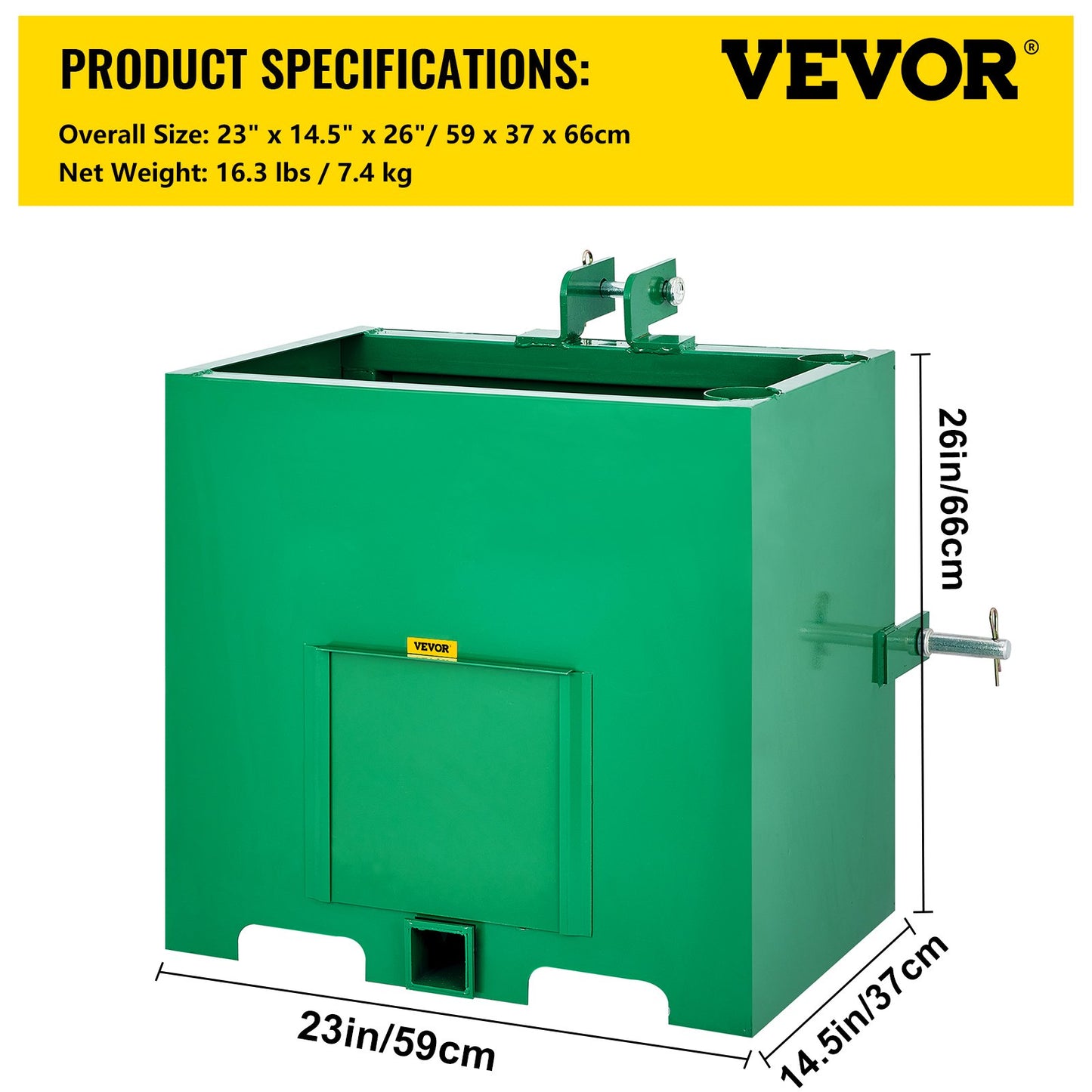 3-punkts ballastlåda, 800lbs kapacitet Hitch Ballast Box, Standard 2 tums kopplingsmottagare, traktorballastlåda med 5cu.ft volym, Heavy Duty Stål, Passar Kategori 1 traktortillbehör, Grön