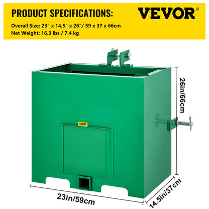 3-punkts ballastlåda, 800lbs kapacitet Hitch Ballast Box, Standard 2 tums kopplingsmottagare, traktorballastlåda med 5cu.ft volym, Heavy Duty Stål, Passar Kategori 1 traktortillbehör, Grön