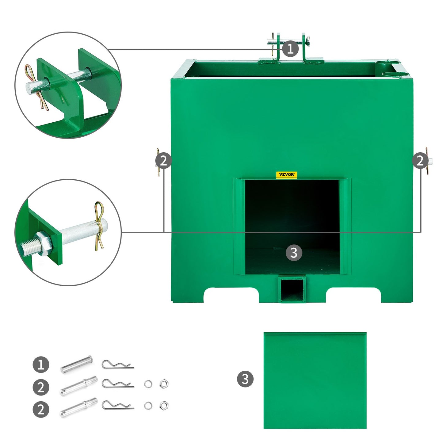 3-punkts ballastlåda, 800lbs kapacitet Hitch Ballast Box, Standard 2 tums kopplingsmottagare, traktorballastlåda med 5cu.ft volym, Heavy Duty Stål, Passar Kategori 1 traktortillbehör, Grön