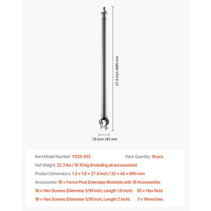18-Pack 27.4" Chain Link Fence Extender for 1.3-1.5" Top Rail U-Bracket | EU