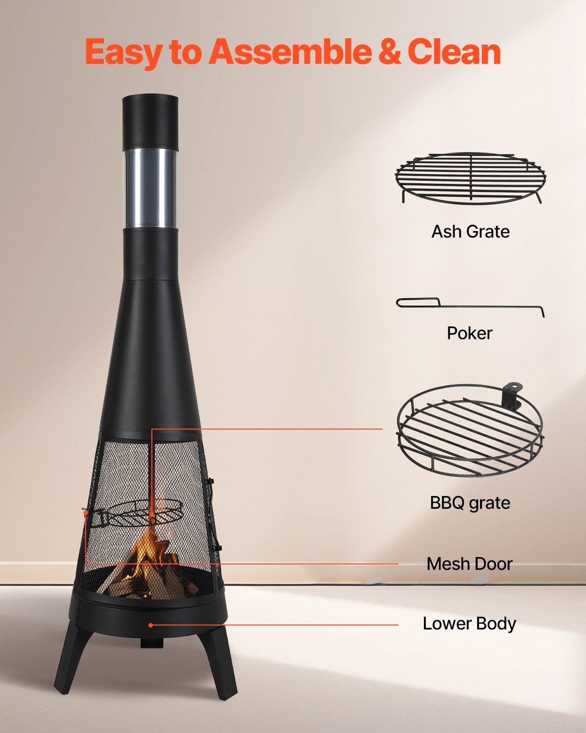 20 In Chiminea Outdoor Wood Burning Fireplace with Grill Net and Chimney Cover
