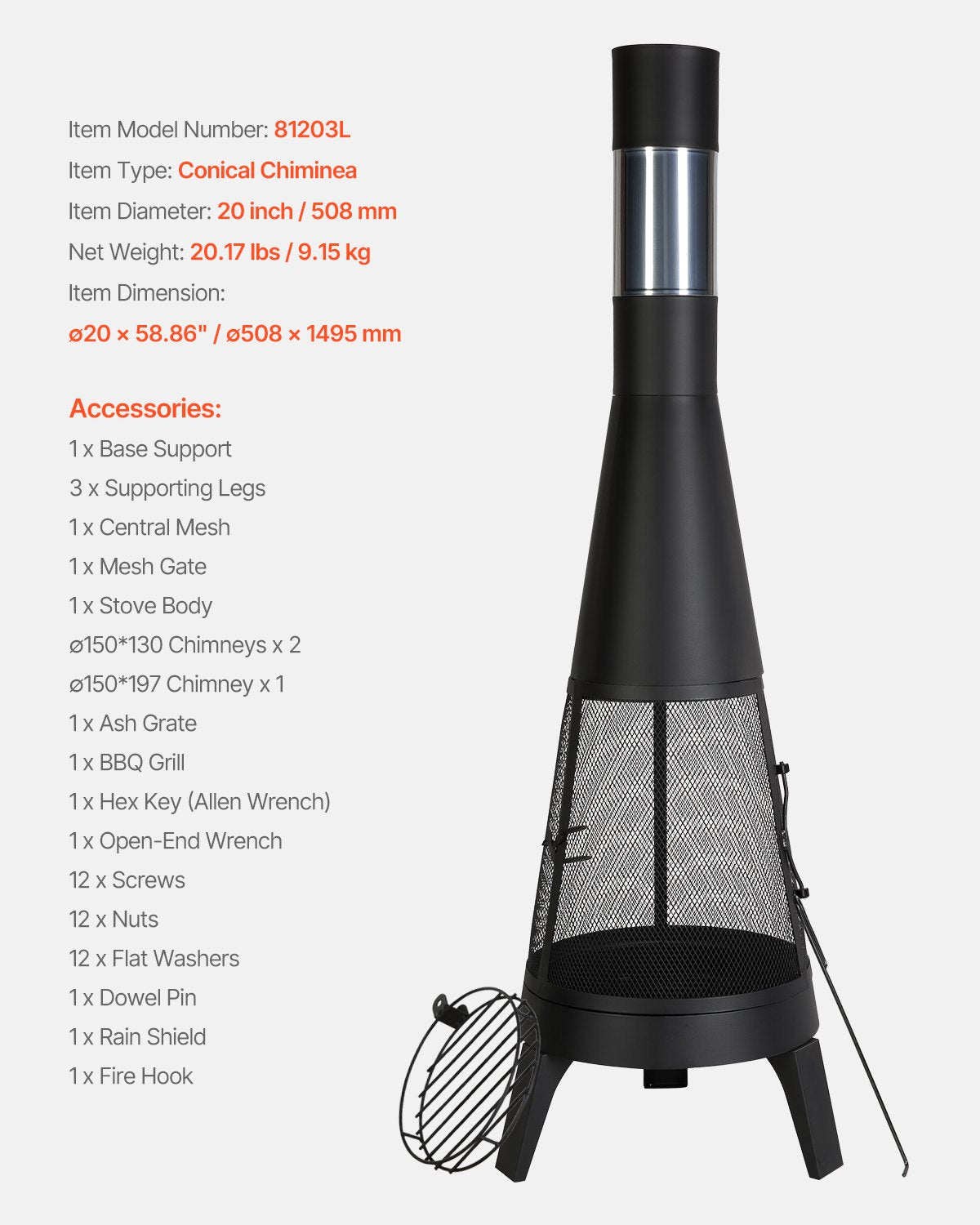 20 In Chiminea Outdoor Wood Burning Fireplace with Grill Net and Chimney Cover