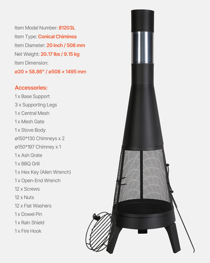 20 In Chiminea Outdoor Wood Burning Fireplace with Grill Net and Chimney Cover