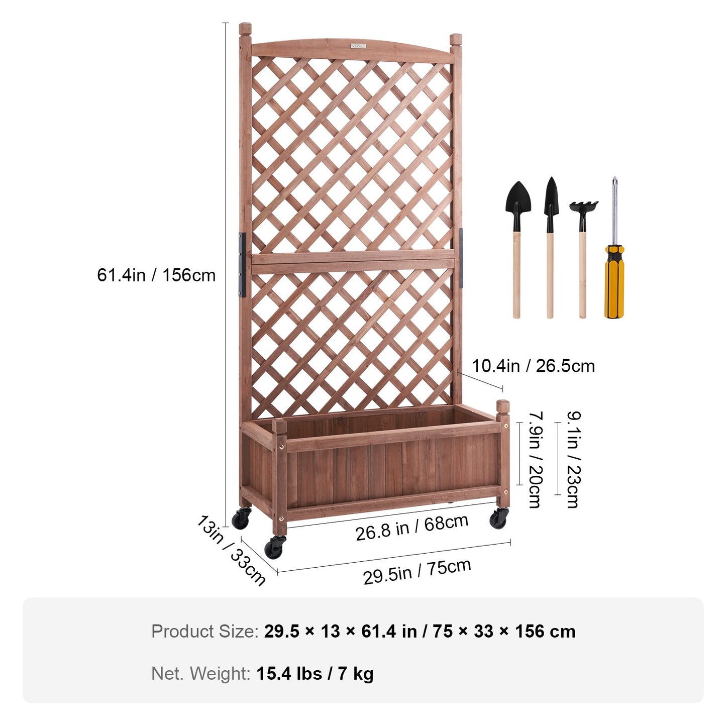 Upphöjd trädgårdssäng med spaljé, 30" x 13" x 61,4" utomhus upphöjda träplantor med dräneringshål, fristående spaljéer för klätterväxter Blommor i trädgård, uteplats, balkong