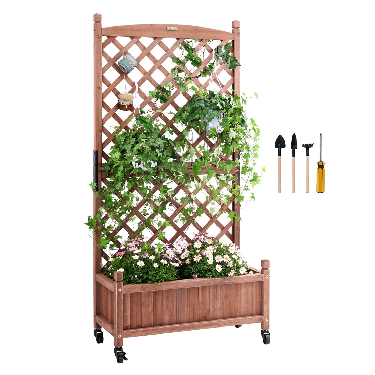 Upphöjd trädgårdssäng med spaljé, 30" x 13" x 61,4" utomhus upphöjda träplantor med dräneringshål, fristående spaljéer för klätterväxter Blommor i trädgård, uteplats, balkong