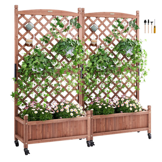 2ST Upphöjd trädgårdssäng med spaljé, 60"x13"x61,4" utomhus upphöjda träplantor med dräneringshål, fristående spaljéplanteringslåda för klätterväxter Blommor i trädgård, uteplats, balkong