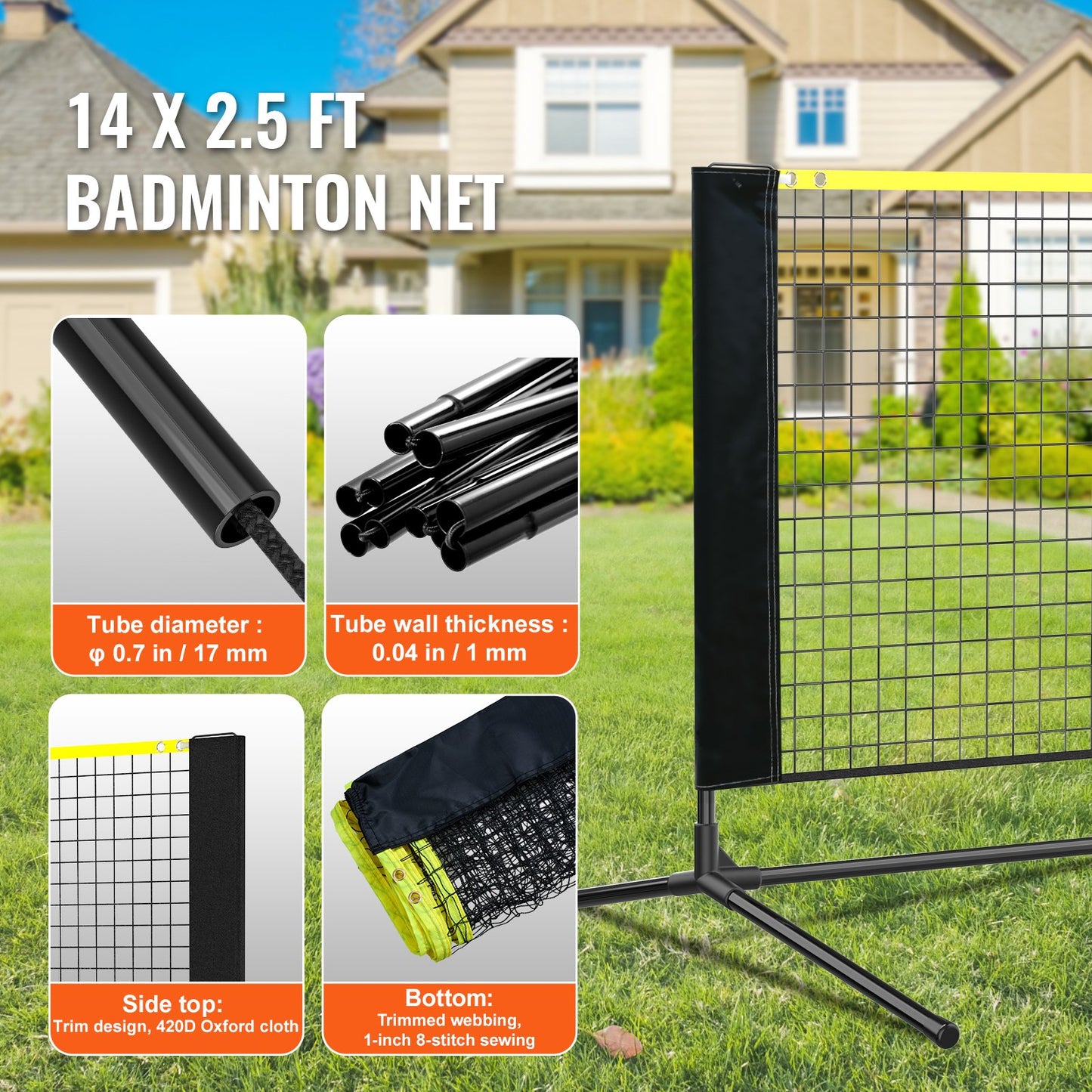 Badminton Net, Height Adjustable Volleyball Net, 14 Feet Wide Collapsible Pickleball Net, Portable Easy-to-Install Tennis Net Set with Poles, Stand and Carrying Bag, for Kids Backyard Games Indoor Outdoor Use