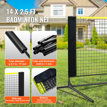 Badminton Net, Height Adjustable Volleyball Net, 14 Feet Wide Collapsible Pickleball Net, Portable Easy-to-Install Tennis Net Set with Poles, Stand and Carrying Bag, for Kids Backyard Games Indoor Outdoor Use